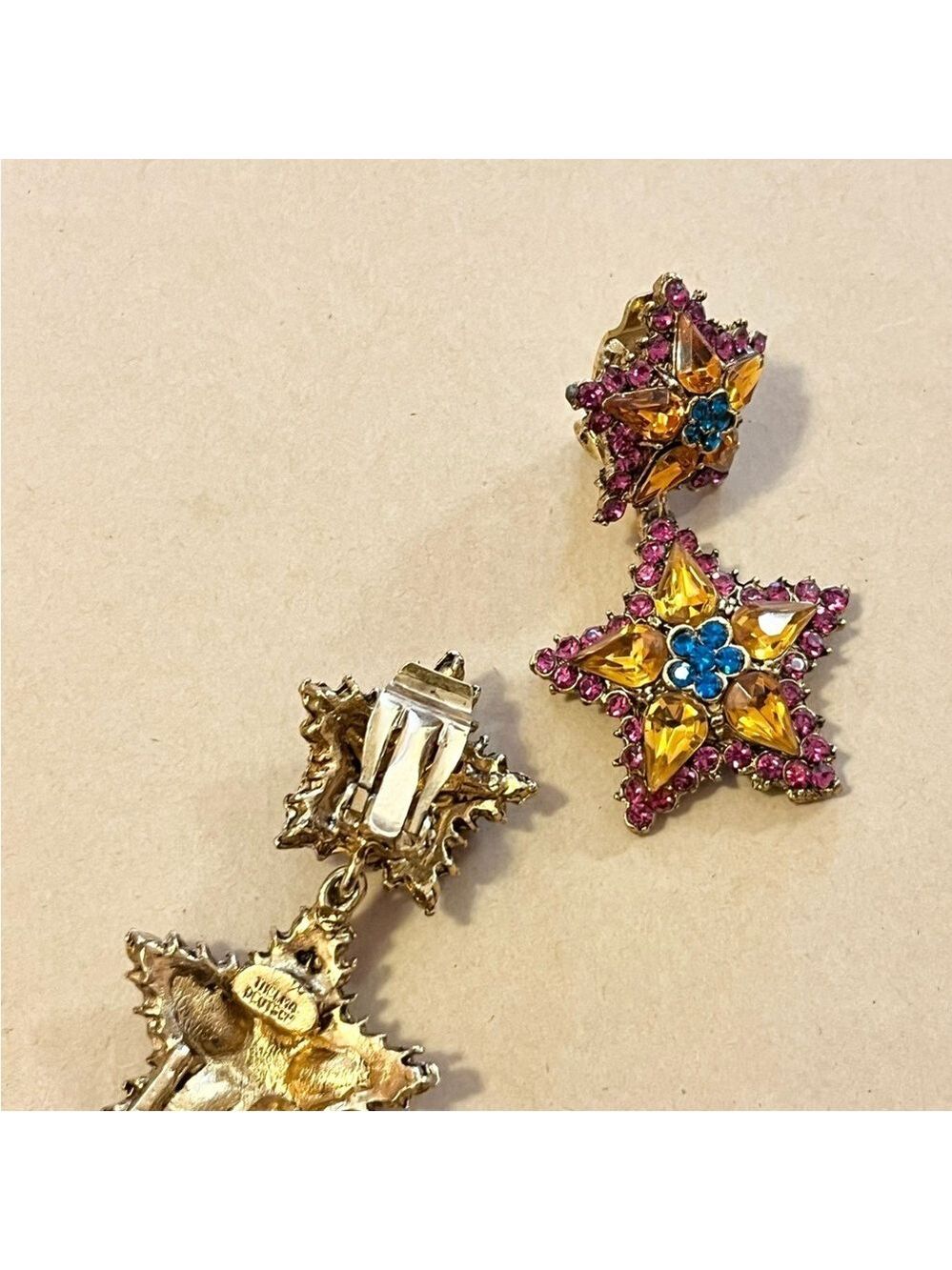 Thelma Deutsch vintage costume jewelry double star dangle clip-on earrings - Picture 3 of 5